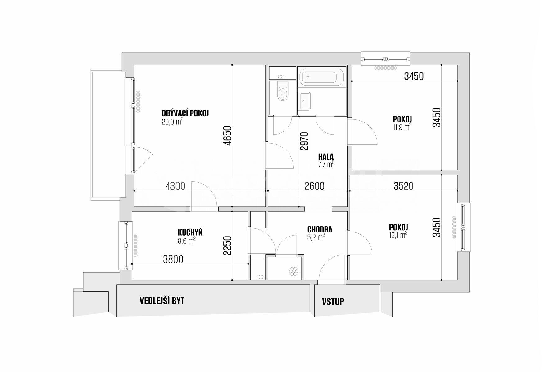 3 bedroom flat for sale, 77 m², Švermova, Brno, Jihomoravský Region