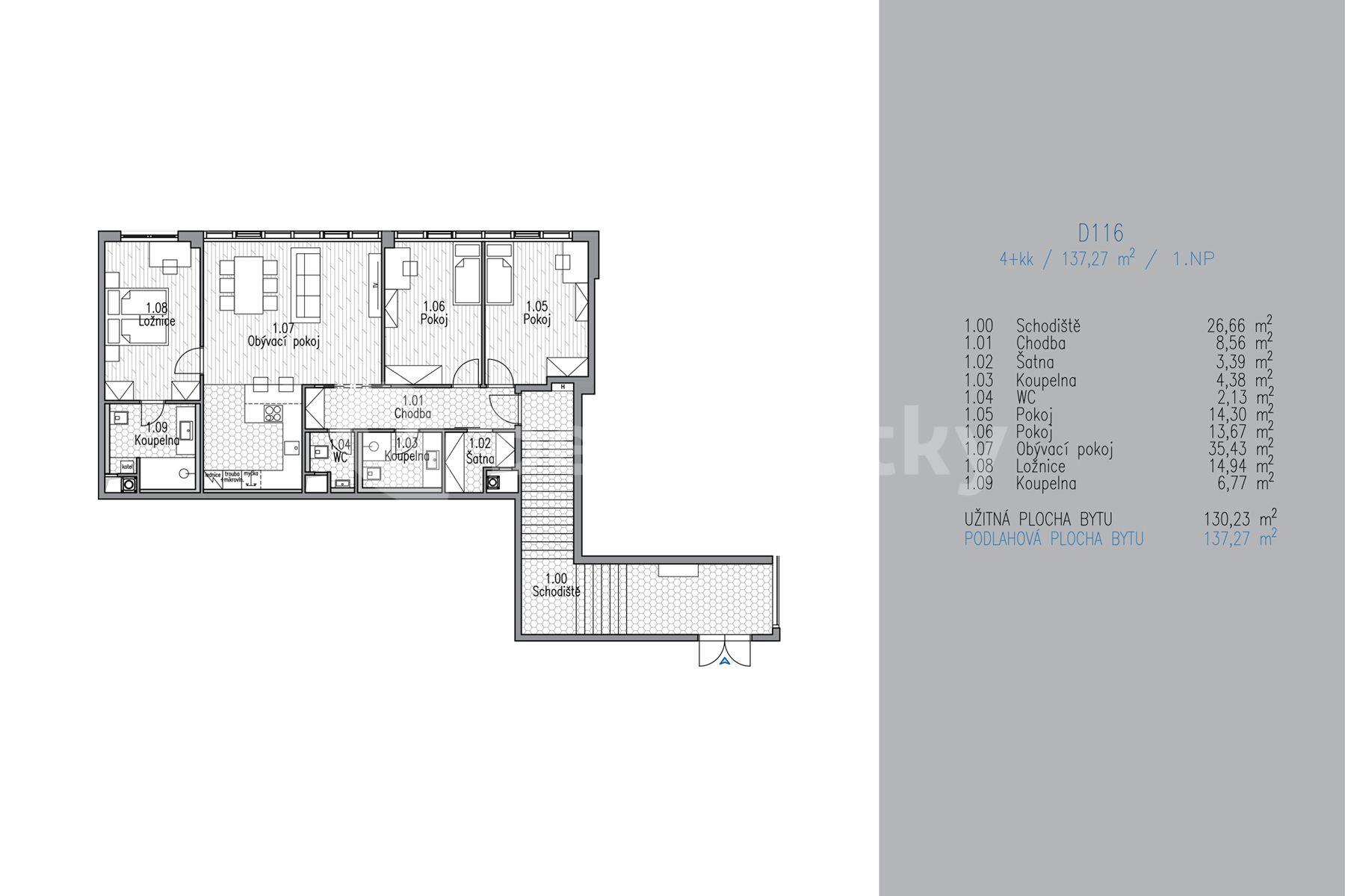 3 bedroom with open-plan kitchen flat for sale, 130 m², Högerova, Prague, Prague