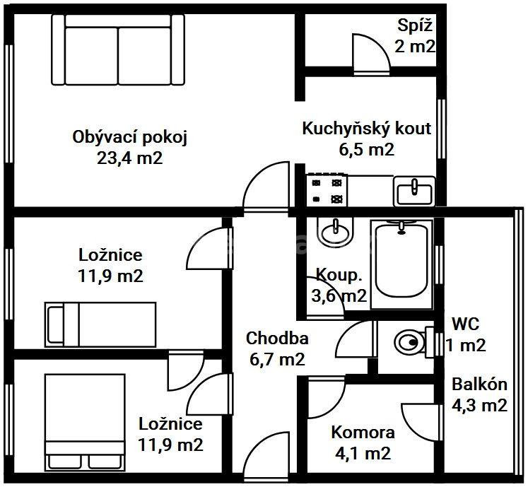 2 bedroom with open-plan kitchen flat for sale, 64 m², Sladkovského, Kolín, Středočeský Region