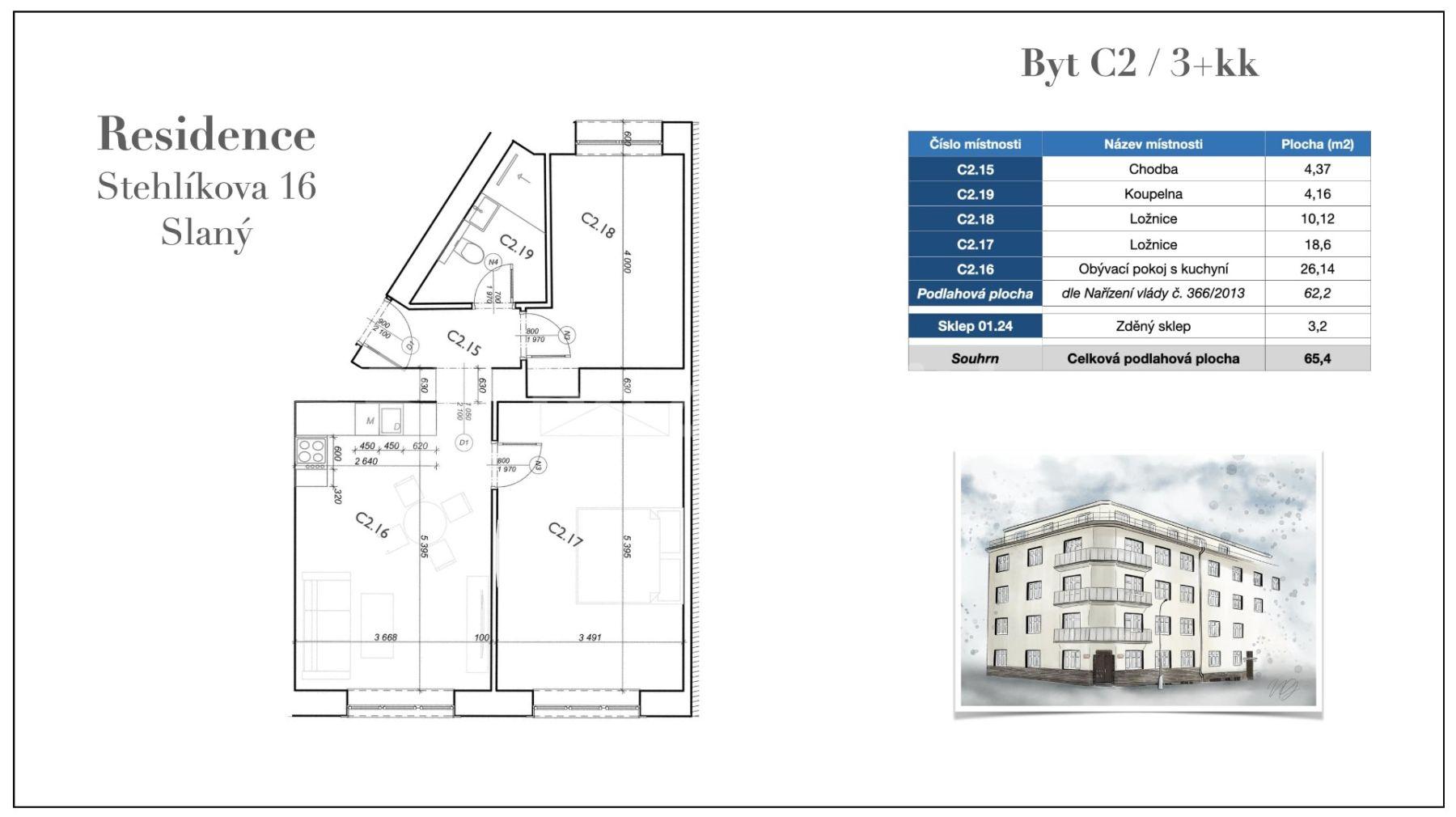 2 bedroom with open-plan kitchen flat for sale, 68 m², Stehlíkova, Slaný, Středočeský Region