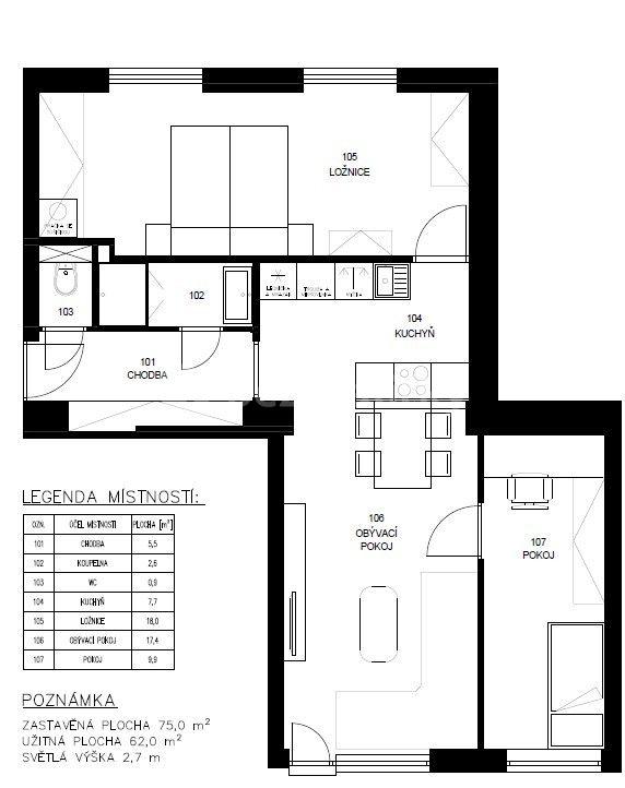 2 bedroom with open-plan kitchen flat for sale, 62 m², Černokostelecká, Prague, Prague