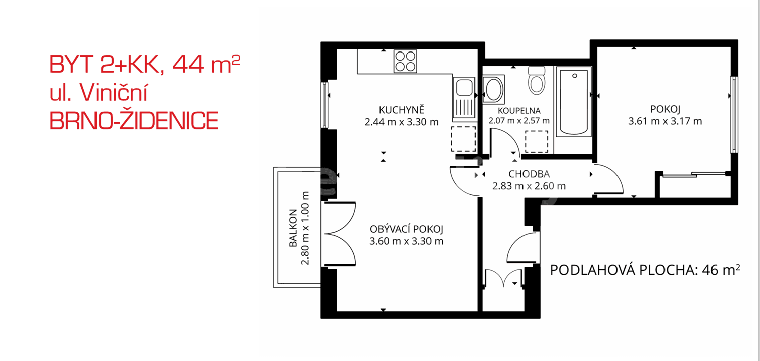 1 bedroom with open-plan kitchen flat to rent, 44 m², Viniční, Brno, Jihomoravský Region