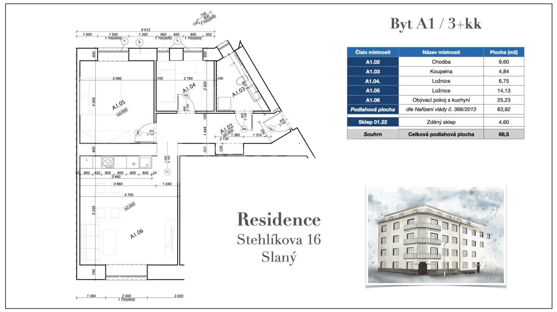 2 bedroom with open-plan kitchen flat for sale, 68 m², Stehlíkova, Slaný, Středočeský Region